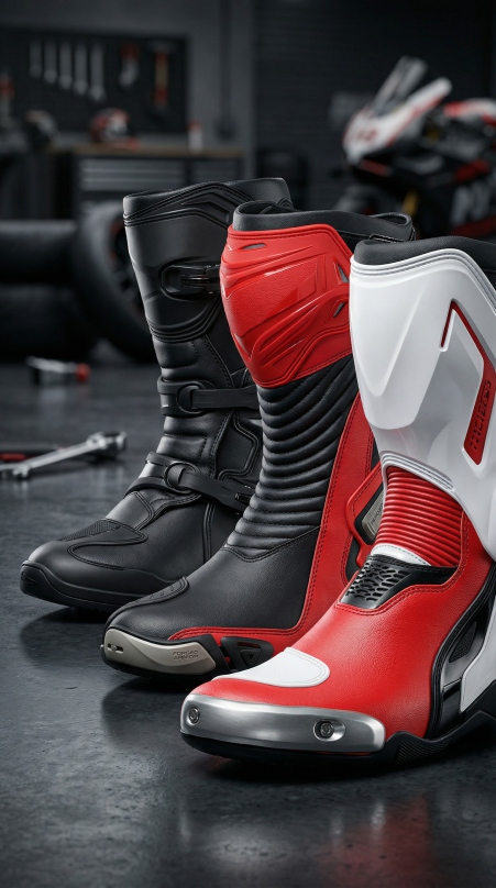 Three pairs of race and adventure boots on the workshop floor