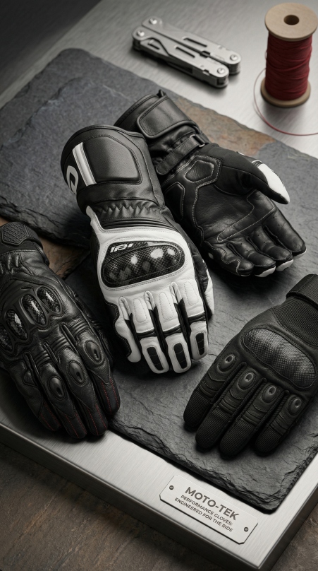 Race gloves on workshop slate with thread and tooling